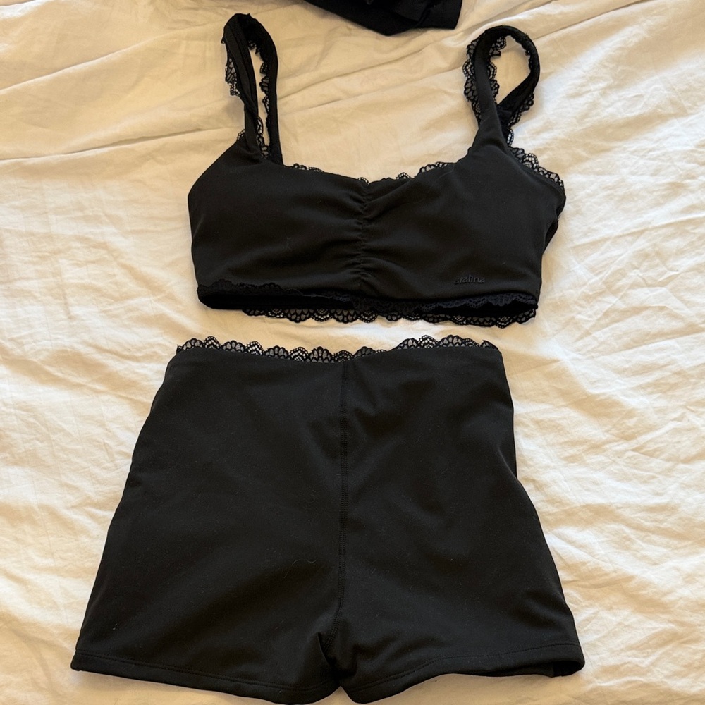 Elegant Black Lace Trim workout set